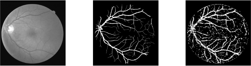 Od lewej: oryginalne zdjęcie, maska, odtworzona maska oparta na klasyfikacji